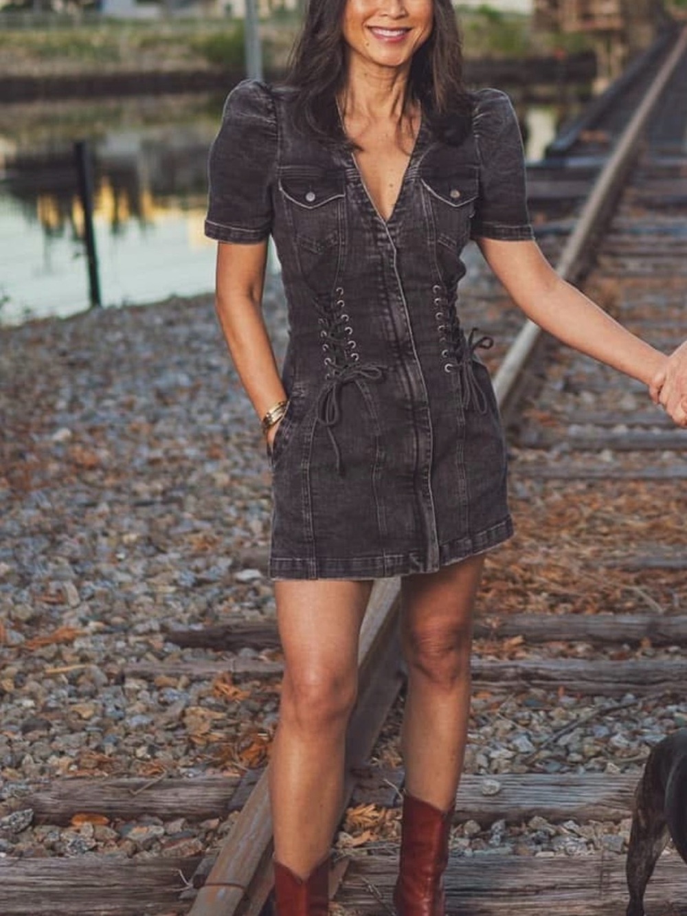 Retrofete Stasha Washed Black/Charcoal Lace-Up Denim Mini Dress